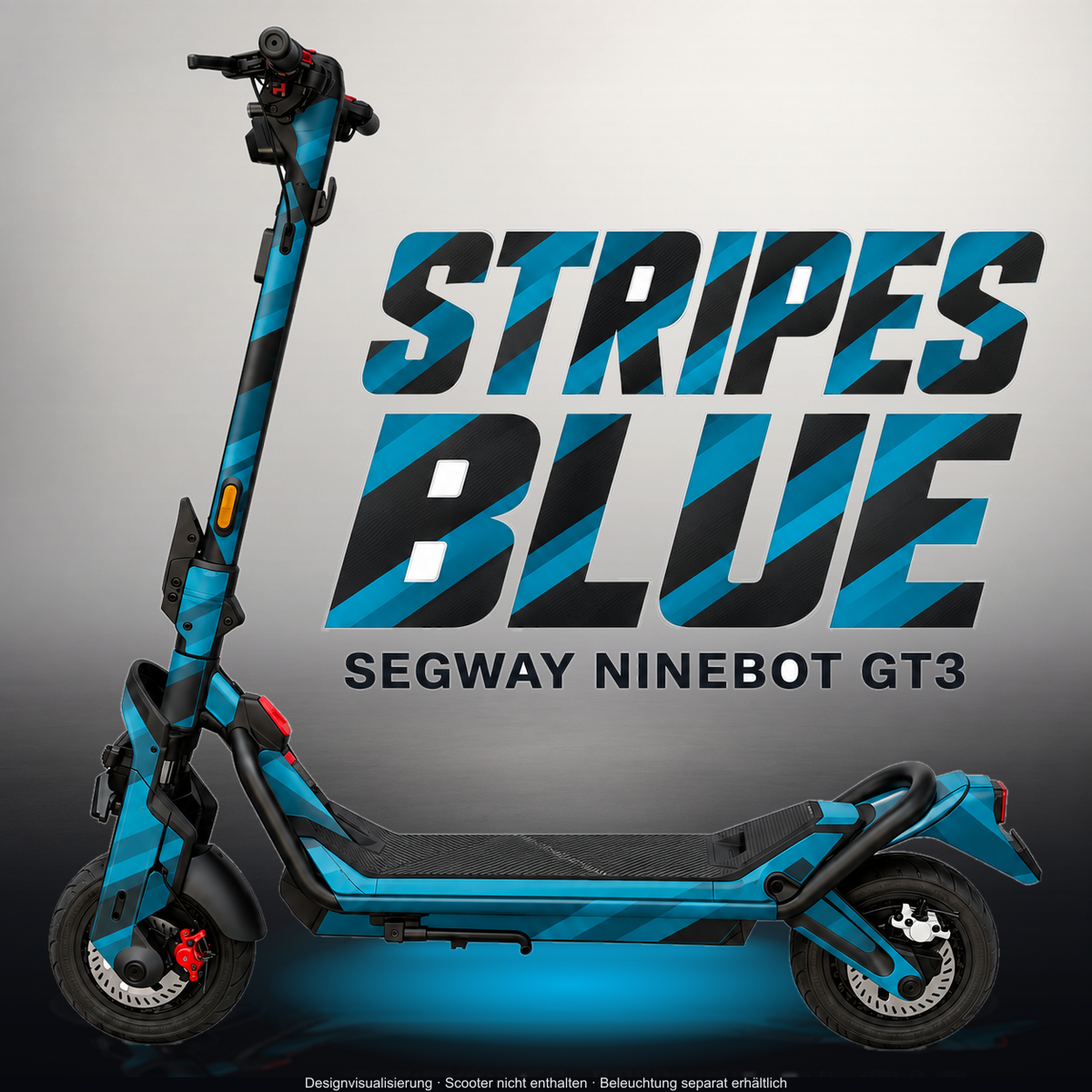 SEGWAY NINEBOT GT3 SKIN | STRIPES BLUE – Studiofoto mit Licht in der Skinfarbe; Scooter und Beleuchtung separat erhältlich