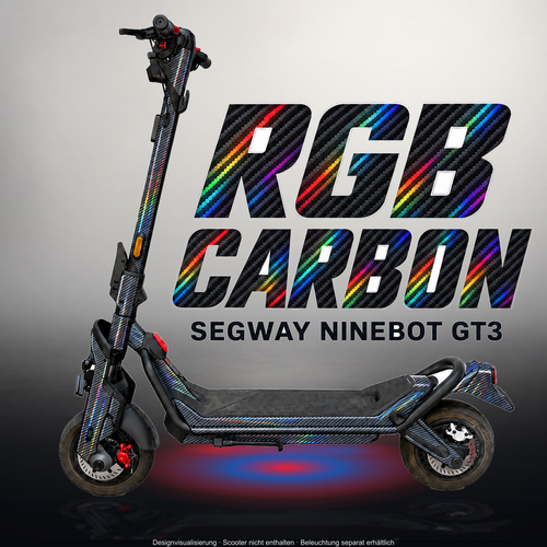 SEGWAY NINEBOT GT3 SKIN | RGB CARBON – Studiofoto mit Licht in der Skinfarbe; Scooter und Beleuchtung separat erhältlich