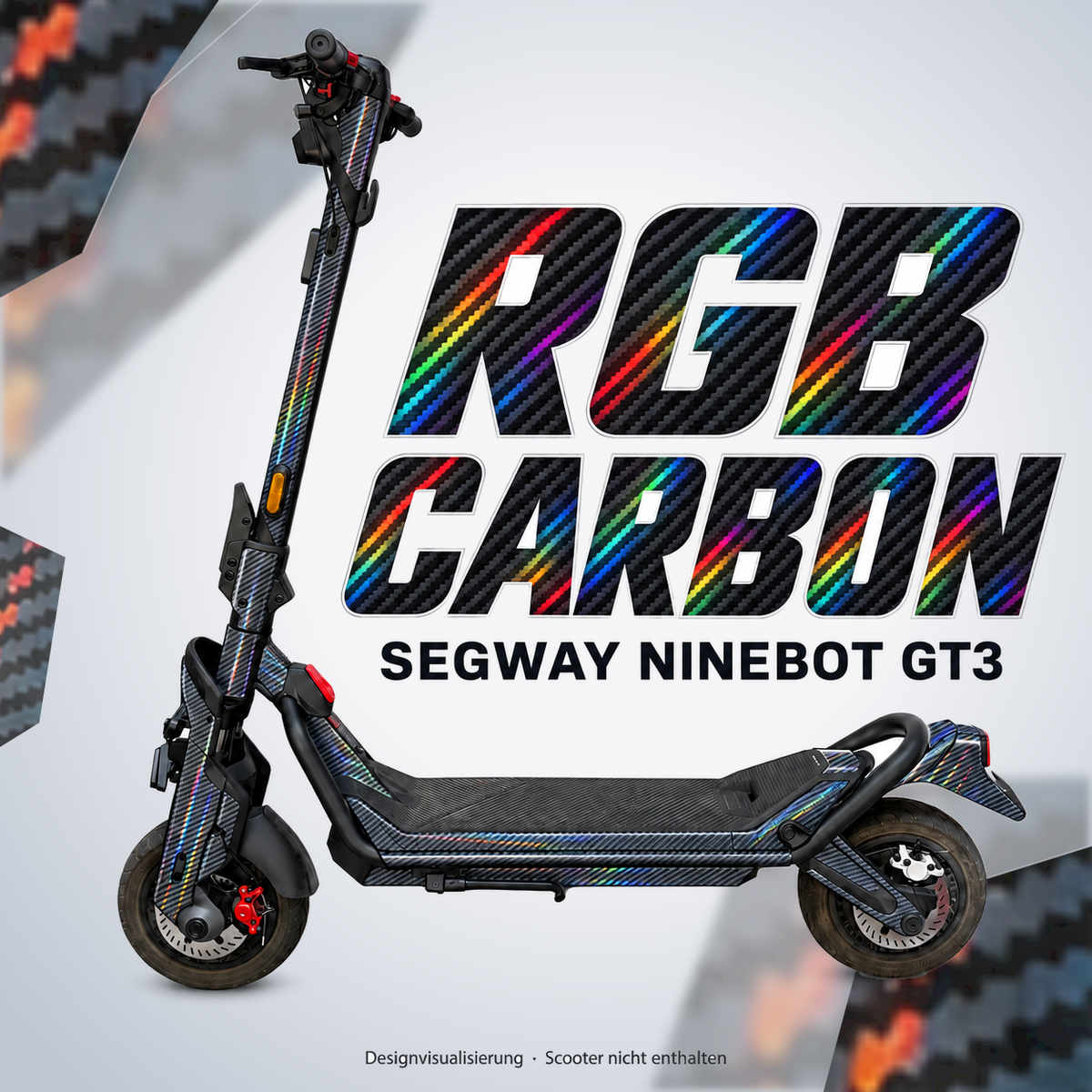 SEGWAY NINEBOT GT3 SKIN | RGB CARBON – Designvisualisierung am passenden Scooter. Scooter nicht enthalten.