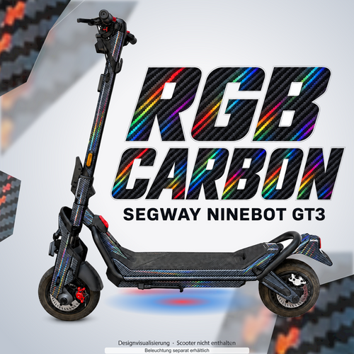 SEGWAY NINEBOT GT3 SKIN | RGB CARBON – Designvisualisierung mit Lichtschein in Skin-Farben. Scooter nicht enthalten; Beleuchtung separat erhältlich.