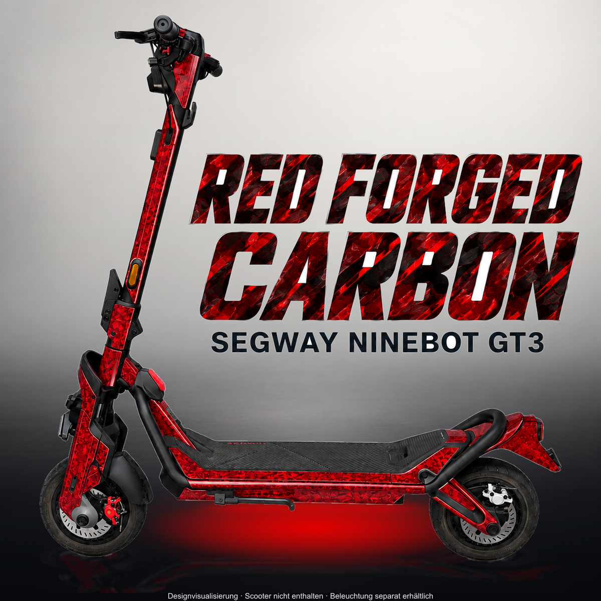 SEGWAY NINEBOT GT3 SKIN | RED FORGED CARBON – Studiofoto mit Licht in der Skinfarbe; Scooter und Beleuchtung separat erhältlich