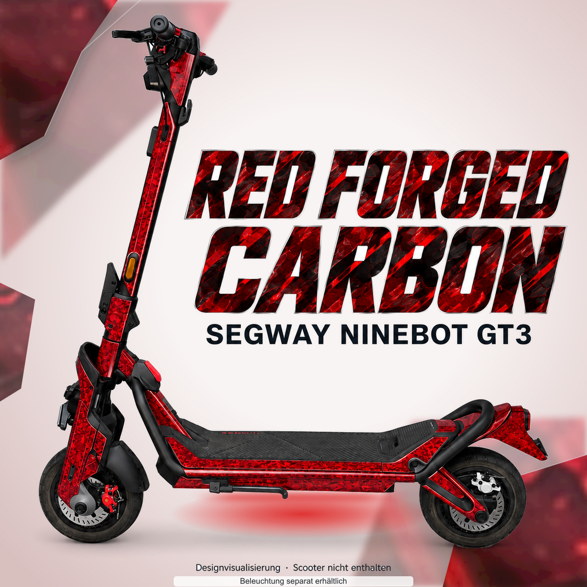 SEGWAY NINEBOT GT3 SKIN | RED FORGED CARBON – Designvisualisierung mit Lichtschein in Skin-Farben. Scooter nicht enthalten; Beleuchtung separat erhältlich.
