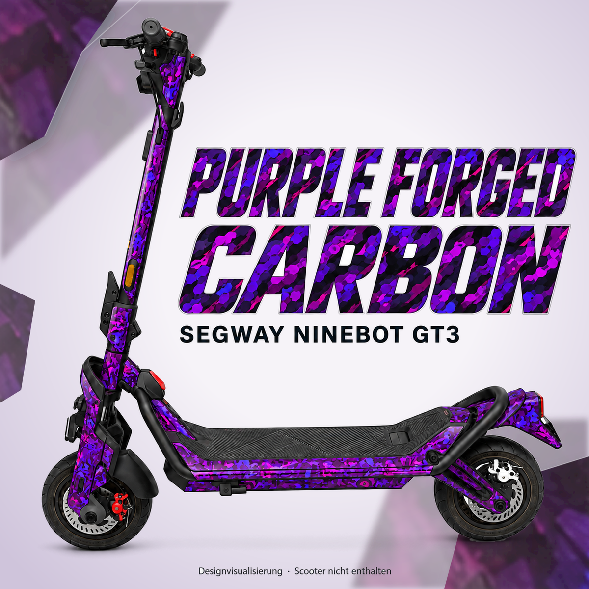 SEGWAY NINEBOT GT3 SKIN | PURPLE FORGED CARBON – Designvisualisierung am passenden Scooter. Scooter nicht enthalten.