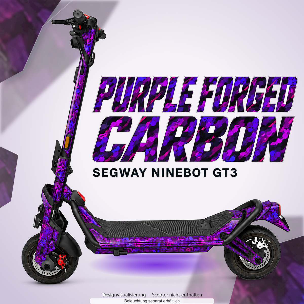 SEGWAY NINEBOT GT3 SKIN | PURPLE FORGED CARBON – Designvisualisierung mit Lichtschein in Skin-Farben. Scooter nicht enthalten; Beleuchtung separat erhältlich.