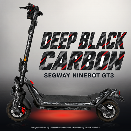 SEGWAY NINEBOT GT3 SKIN | DEEP BLACK CARBON – Studiofoto mit Licht in der Skinfarbe; Scooter und Beleuchtung separat erhältlich
