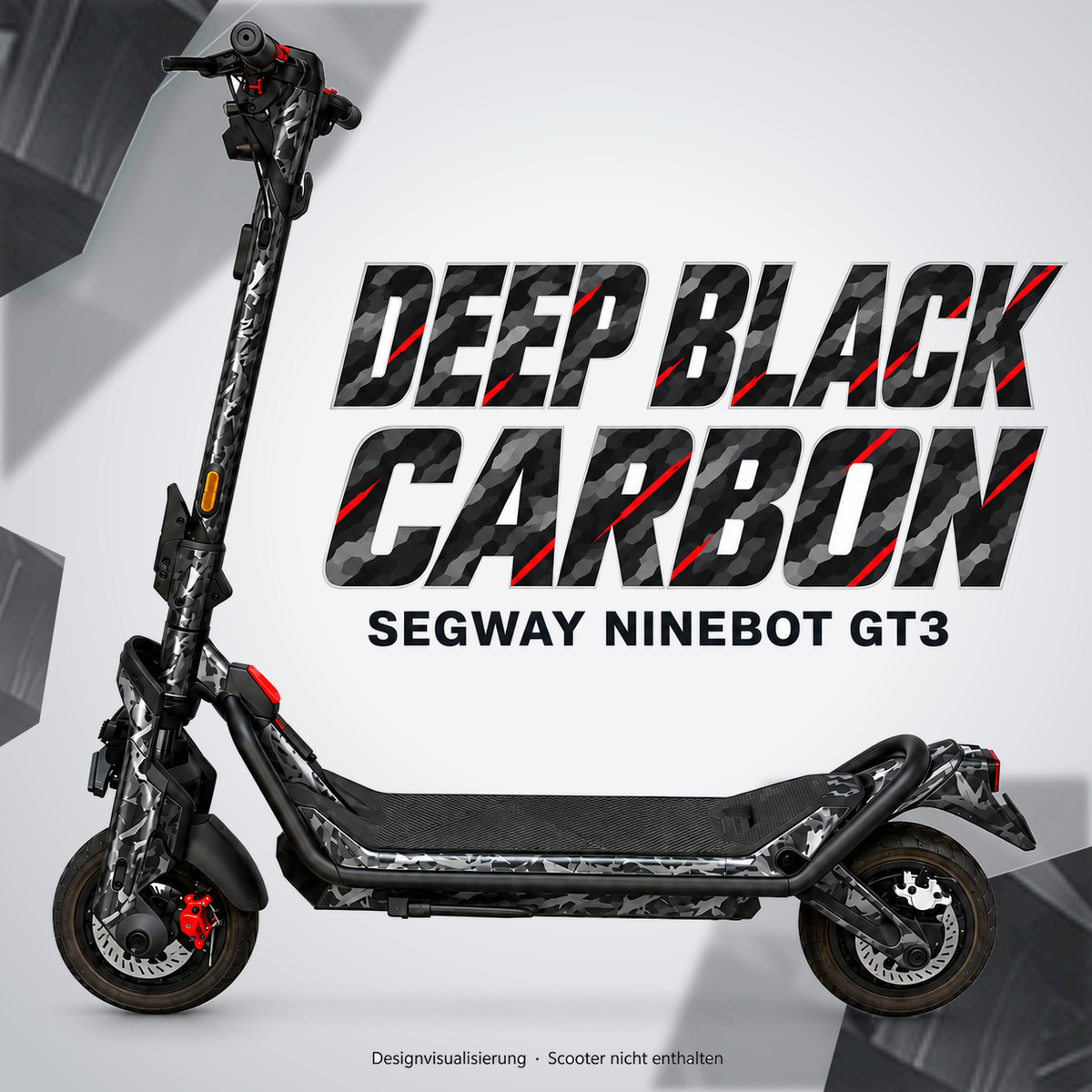 SEGWAY NINEBOT GT3 SKIN | DEEP BLACK CARBON – Designvisualisierung am passenden Scooter. Scooter nicht enthalten.