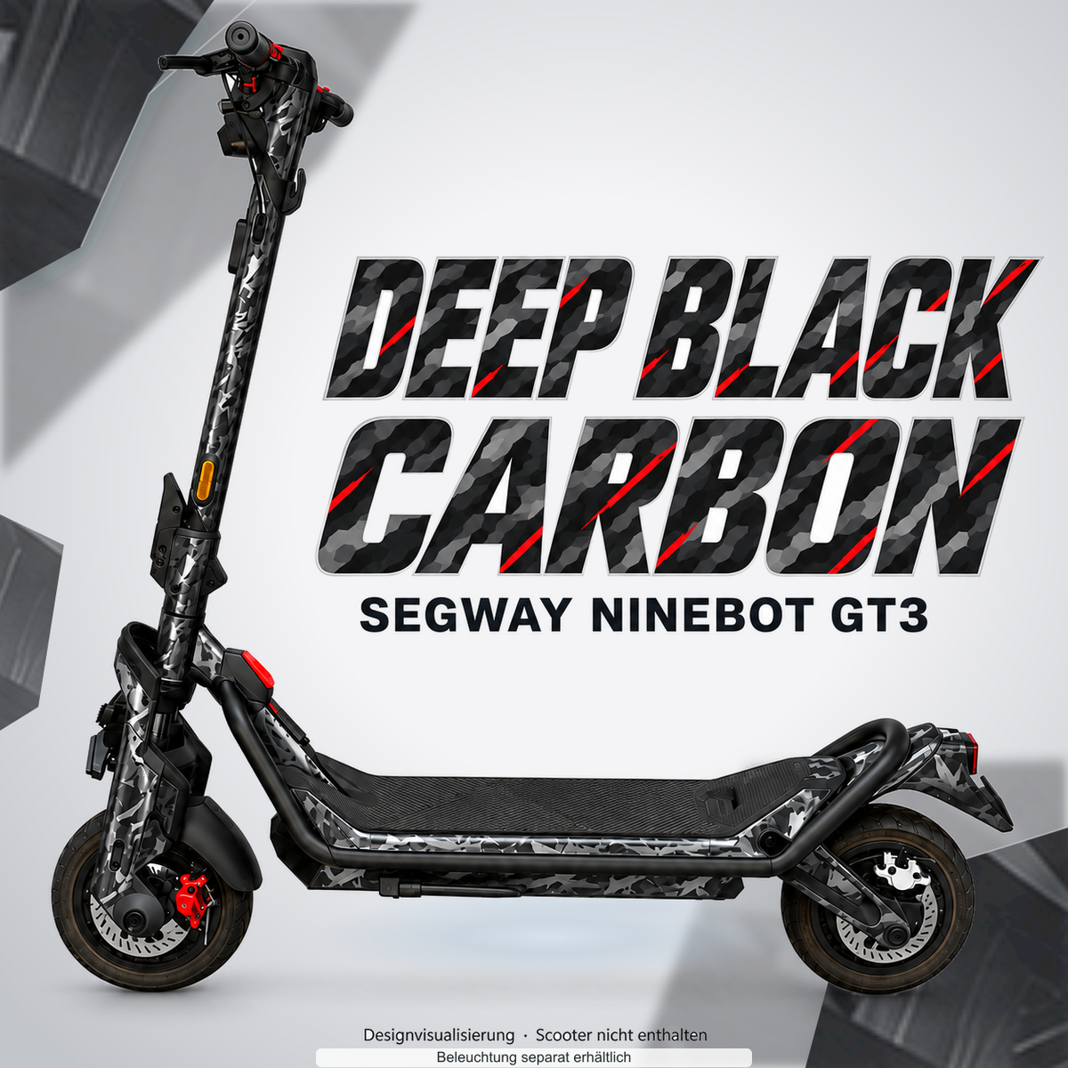 SEGWAY NINEBOT GT3 SKIN | DEEP BLACK CARBON – Designvisualisierung mit Lichtschein in Skin-Farben. Scooter nicht enthalten; Beleuchtung separat erhältlich.