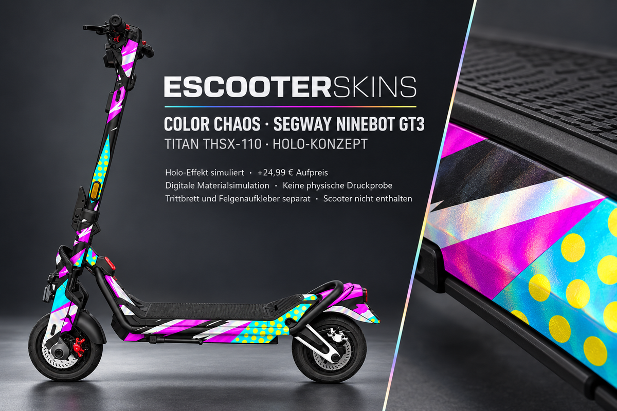 SEGWAY NINEBOT GT3 SKIN | COLOR CHAOS – Holo-Effekt simuliert; +24,99 EUR Aufpreis. Digitale Materialsimulation, keine physische Druckprobe. Nur Body-Skin; Trittbrett und Felgenaufkleber separat; Scooter nicht enthalten.