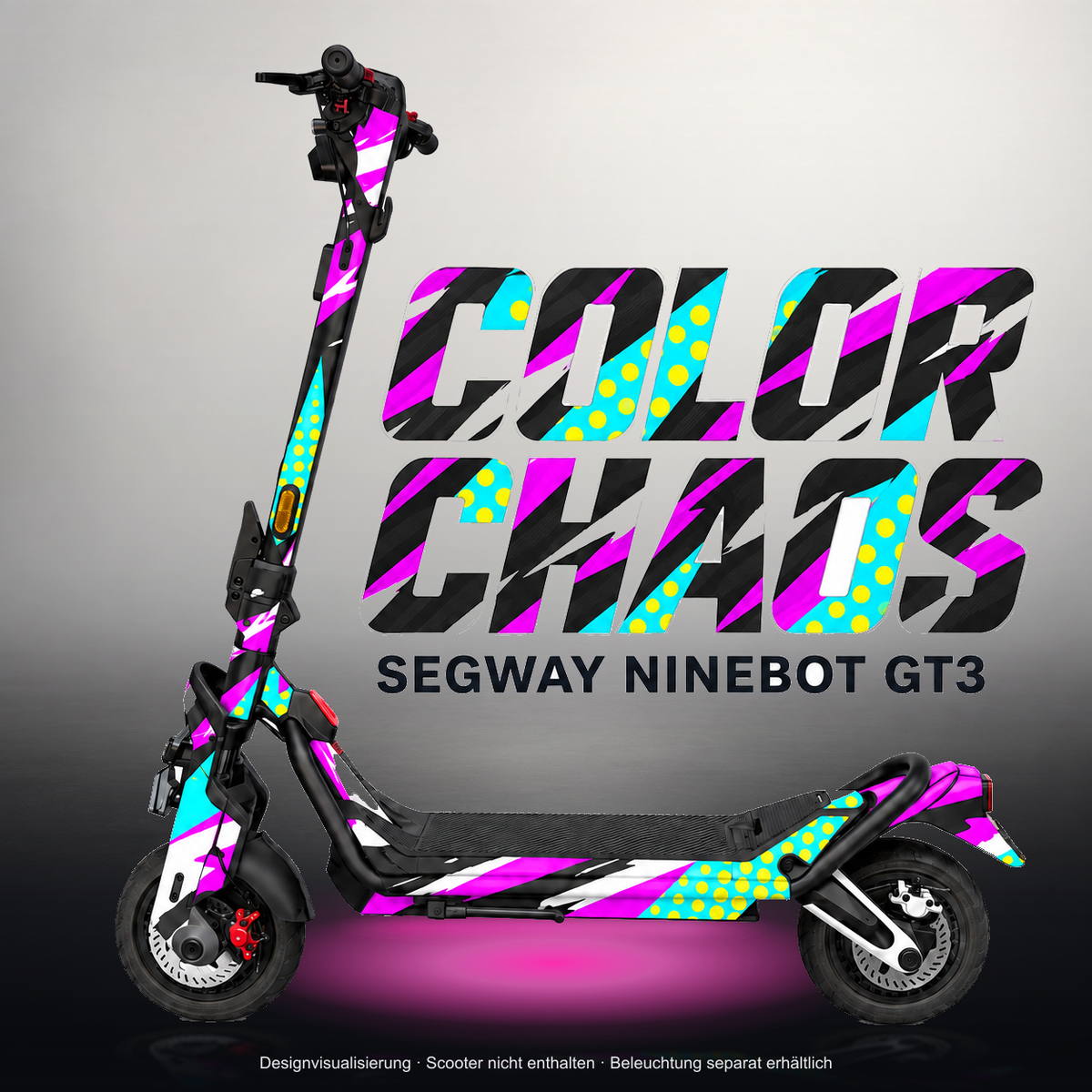 SEGWAY NINEBOT GT3 SKIN | COLOR CHAOS – Studiofoto mit Licht in der Skinfarbe; Scooter und Beleuchtung separat erhältlich