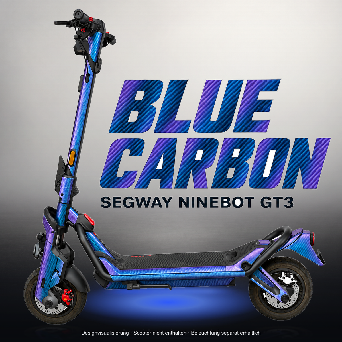 SEGWAY NINEBOT GT3 SKIN | BLUE CARBON – Studiofoto mit Licht in der Skinfarbe; Scooter und Beleuchtung separat erhältlich