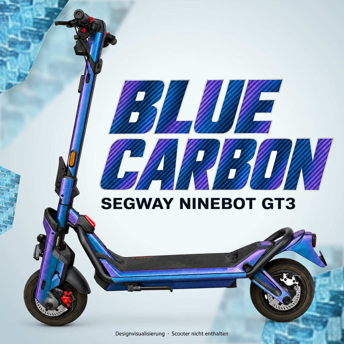 SEGWAY NINEBOT GT3 SKIN | BLUE CARBON – Designvisualisierung am passenden Scooter. Scooter nicht enthalten.