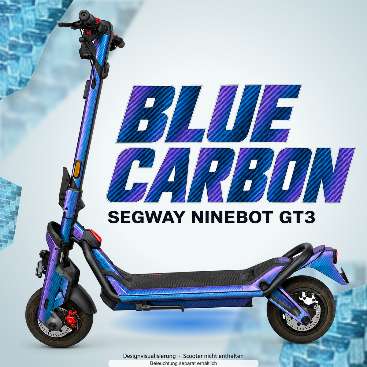 SEGWAY NINEBOT GT3 SKIN | BLUE CARBON – Designvisualisierung mit Lichtschein in Skin-Farben. Scooter nicht enthalten; Beleuchtung separat erhältlich.