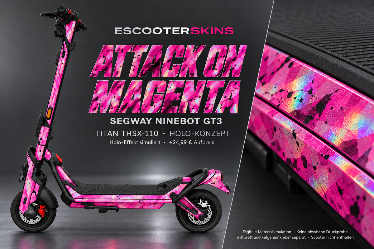 SEGWAY NINEBOT GT3 SKIN | ATTACK ON MAGENTA – Holo-Effekt simuliert; +24,99 EUR Aufpreis. Digitale Materialsimulation, keine physische Druckprobe. Nur Body-Skin; Trittbrett und Felgenaufkleber separat; Scooter nicht enthalten.