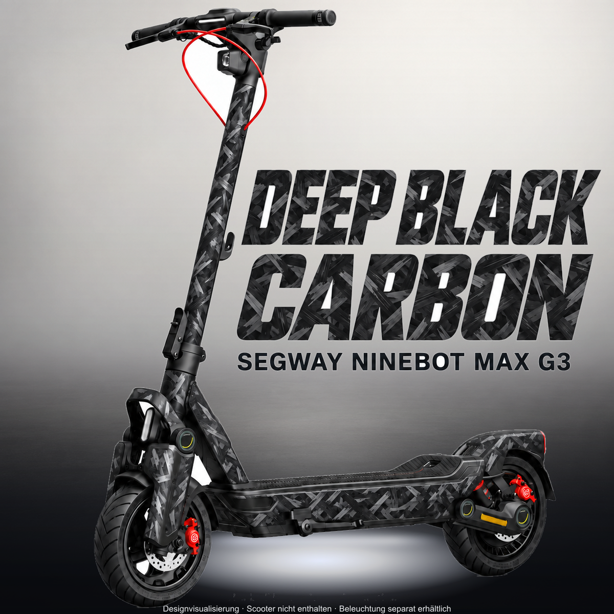 SEGWAY NINEBOT G3 / G3 D / G3 E SKIN | DEEP BLACK CARBON – Studiofoto mit Licht in der Skinfarbe; Scooter und Beleuchtung separat erhältlich