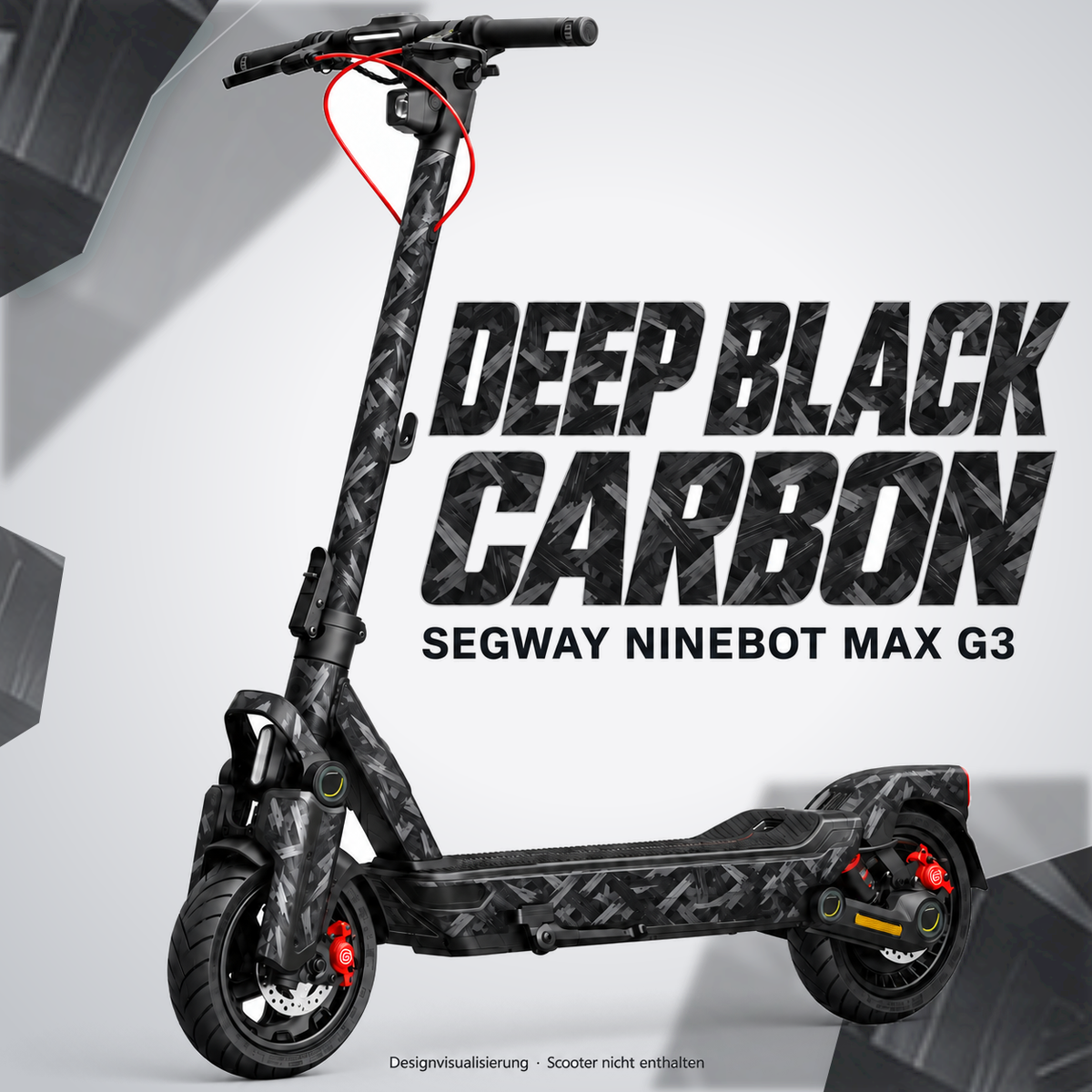SEGWAY NINEBOT G3 SKIN | DEEP BLACK CARBON – Designvisualisierung am passenden Scooter. Scooter nicht enthalten.