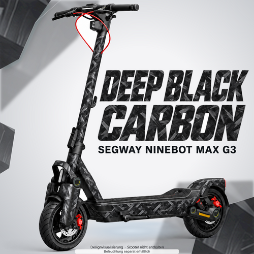 SEGWAY NINEBOT G3 / G3 D / G3 E SKIN | DEEP BLACK CARBON – Designvisualisierung mit Lichtschein in Skin-Farben. Scooter nicht enthalten; Beleuchtung separat erhältlich.