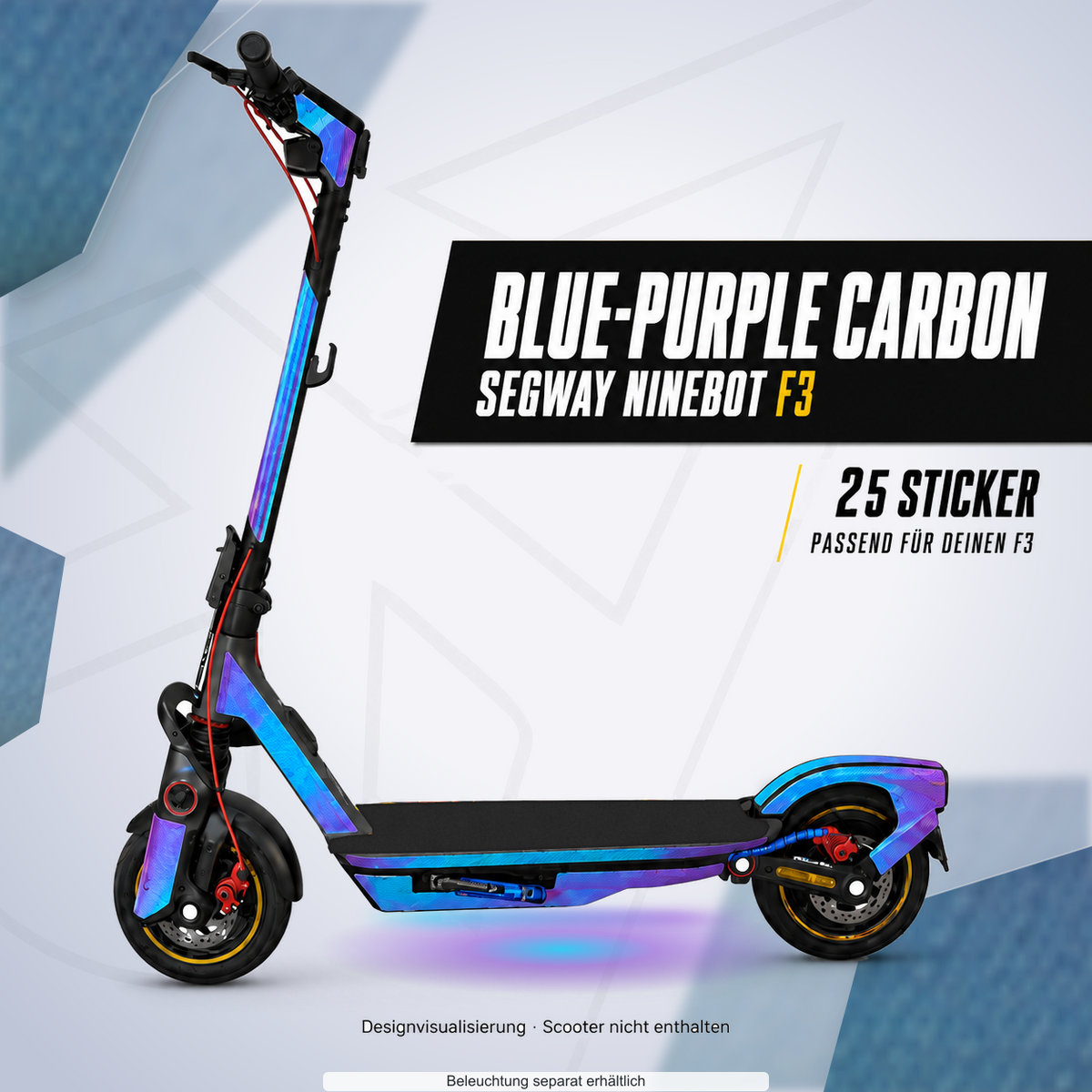 SEGWAY NINEBOT F3 / F3 PRO SKIN | BLUE-PURPLE CARBON – Designvisualisierung mit Lichtschein in Skin-Farben. Scooter nicht enthalten; Beleuchtung separat erhältlich.