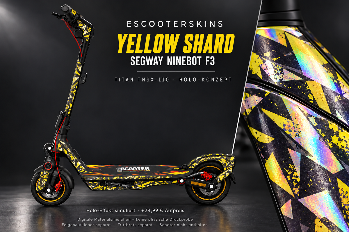 SEGWAY NINEBOT F3 / F3 PRO SKIN | YELLOW SHARD – Holo-Effekt simuliert; +24,99 EUR Aufpreis. Digitale Materialsimulation, keine physische Druckprobe. Nur Body-Skin; Trittbrett und Felgenaufkleber separat; Scooter nicht enthalten.