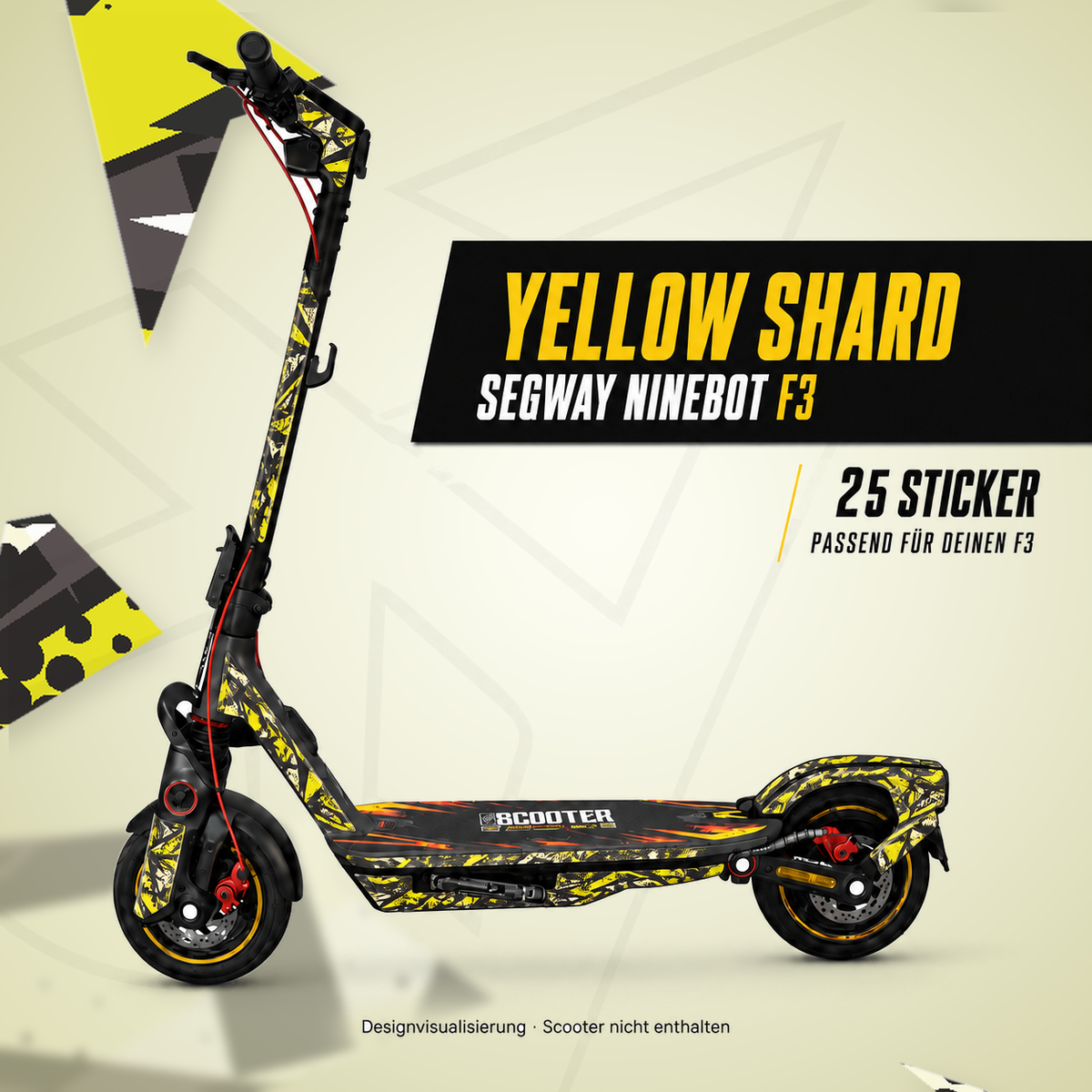 YELLOW SHARD für Segway Ninebot F3 – 25 Sticker in Gelb, Grau und Schwarz; Designvisualisierung, Scooter nicht enthalten