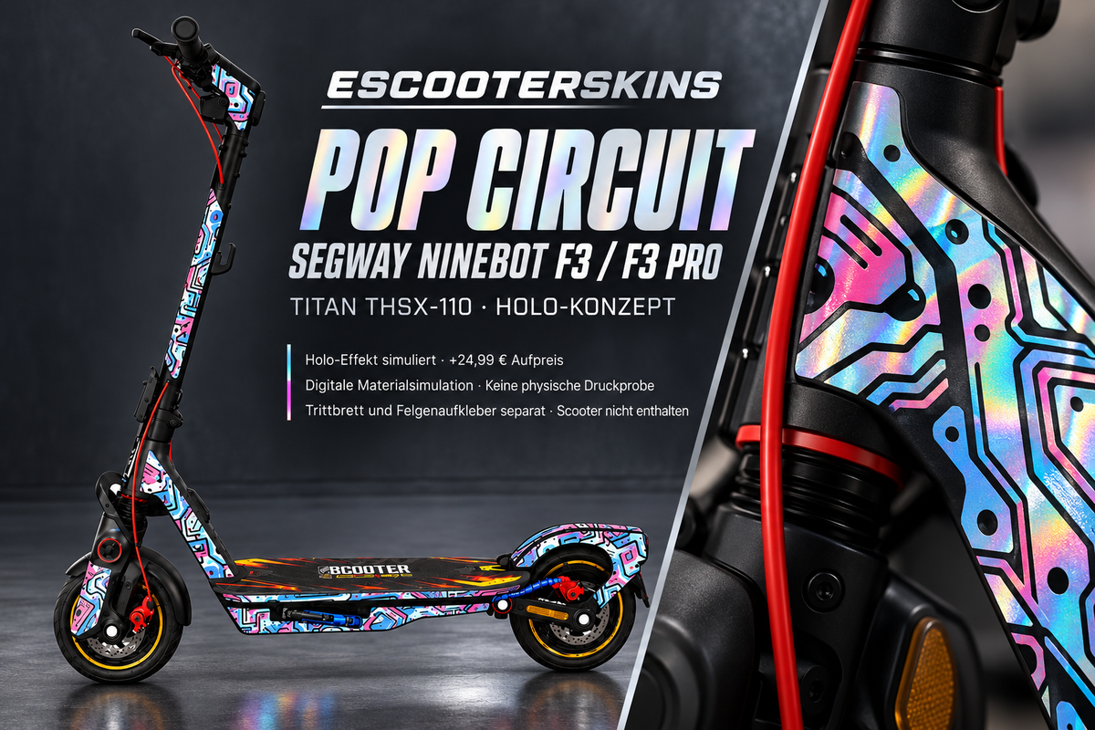 SEGWAY NINEBOT F3 / F3 PRO SKIN | POP CIRCUIT – Holo-Effekt simuliert; +24,99 EUR Aufpreis. Digitale Materialsimulation, keine physische Druckprobe. Nur Body-Skin; Trittbrett und Felgenaufkleber separat; Scooter nicht enthalten.