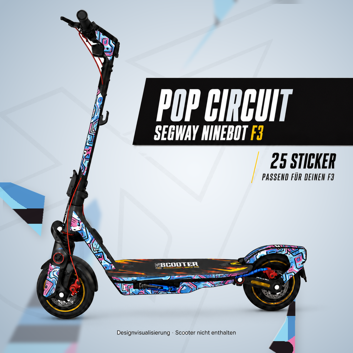 POP CIRCUIT für Segway Ninebot F3 – 25 Sticker mit pink-blauem Linienmuster; Designvisualisierung, Scooter nicht enthalten