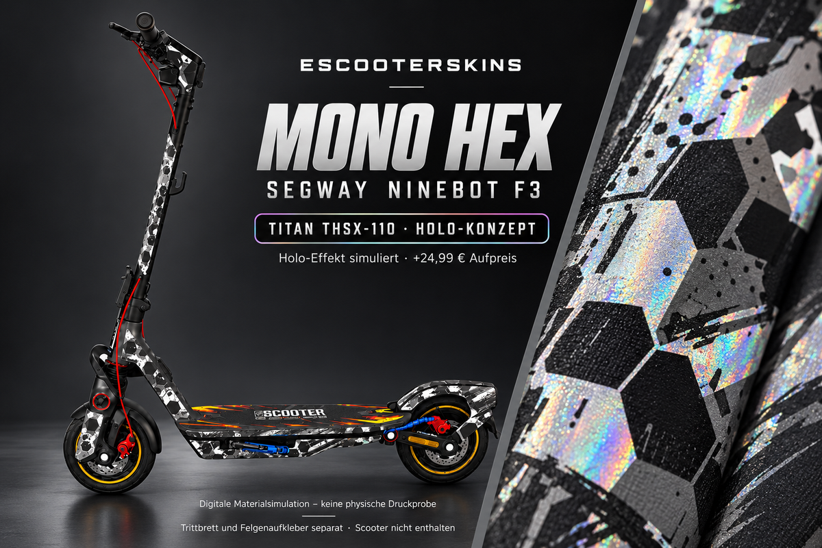 SEGWAY NINEBOT F3 / F3 PRO SKIN | MONO HEX – Holo-Effekt simuliert; +24,99 EUR Aufpreis. Digitale Materialsimulation, keine physische Druckprobe. Nur Body-Skin; Trittbrett und Felgenaufkleber separat; Scooter nicht enthalten.