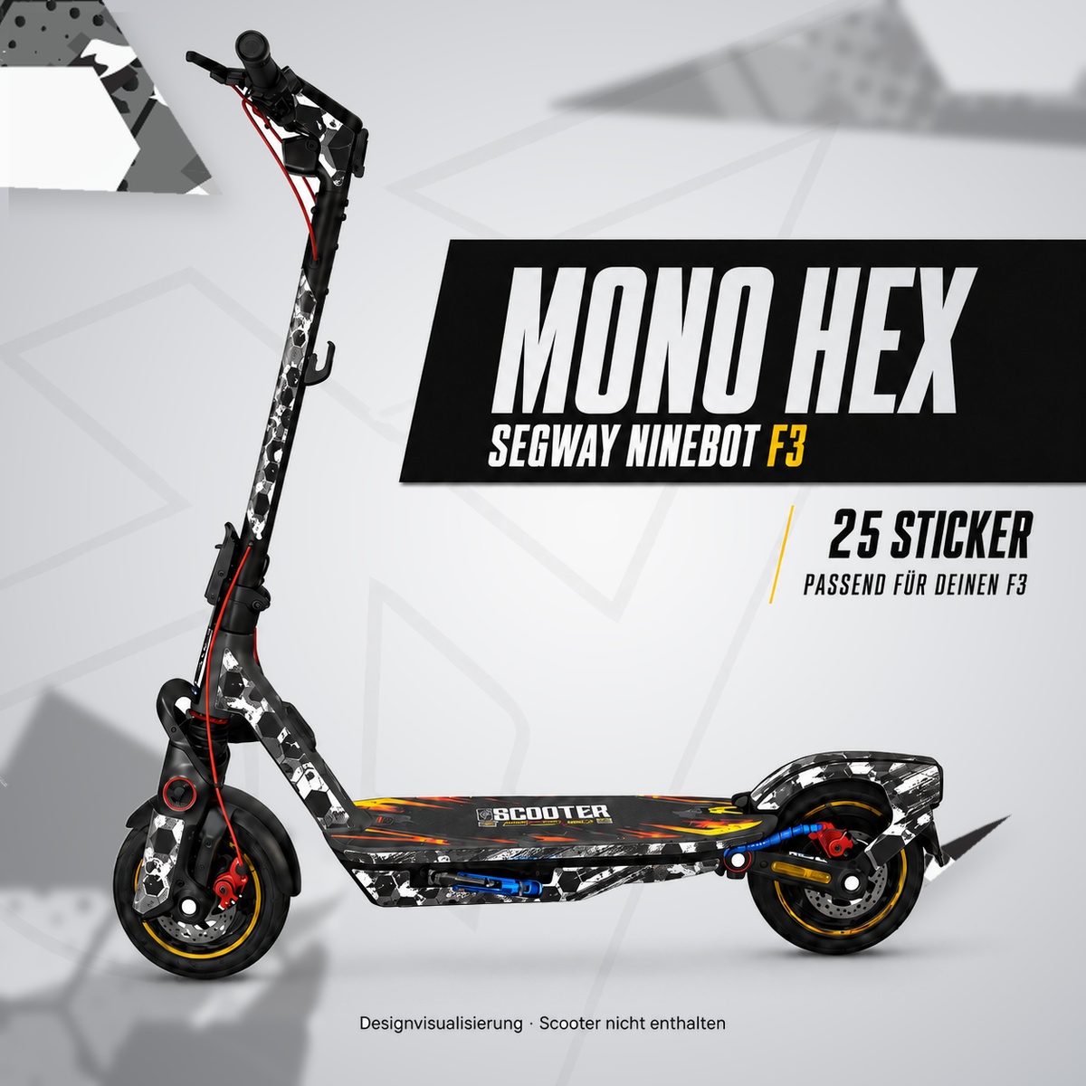 MONO HEX Skin-Design in Schwarz, Weiß und Grau für den Segway Ninebot F3 – 25 Sticker; digitale Designvisualisierung, Scooter nicht enthalten
