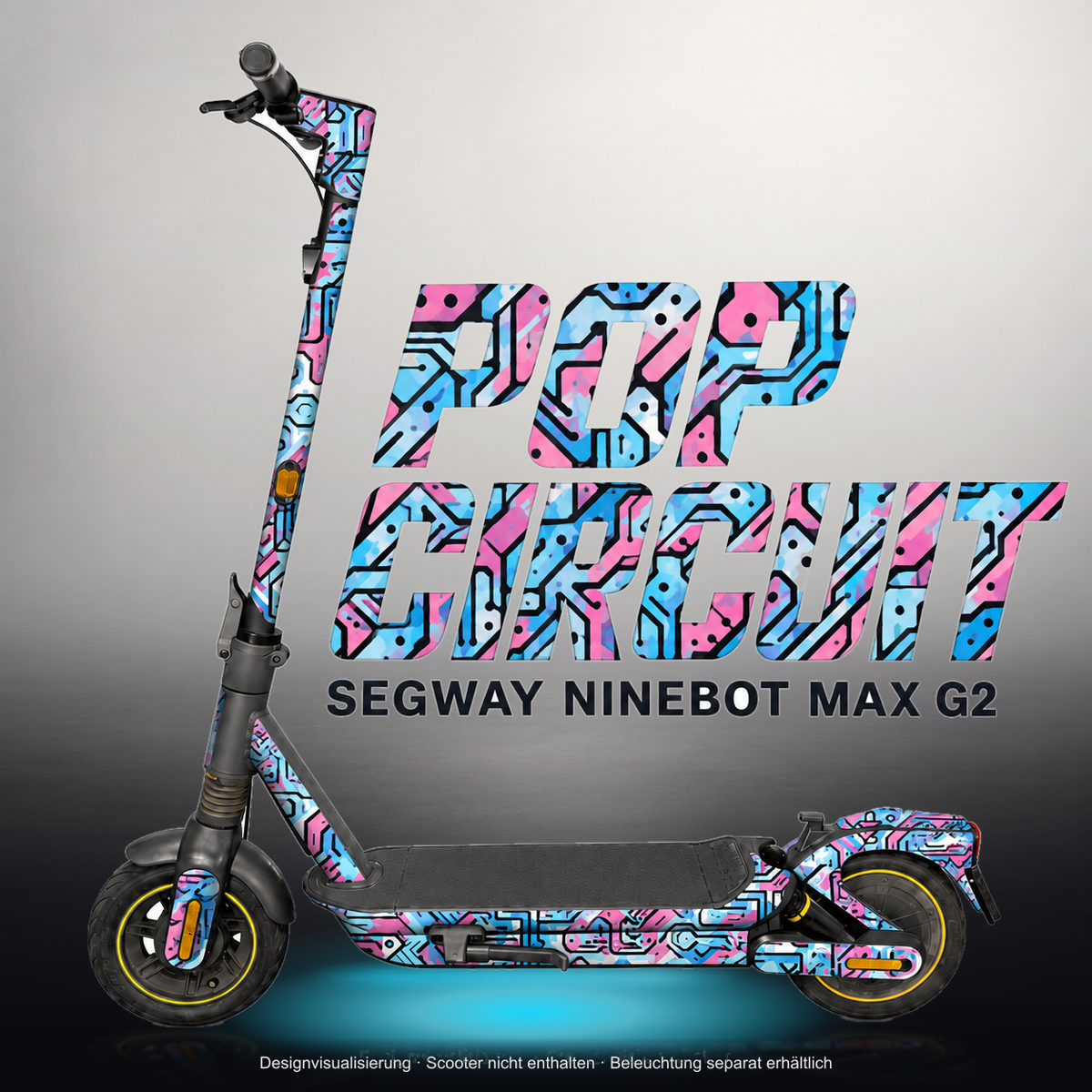 SEGWAY NINEBOT G2 MAX SKIN | POP CIRCUIT – Studiofoto mit Licht in der Skinfarbe; Scooter und Beleuchtung separat erhältlich