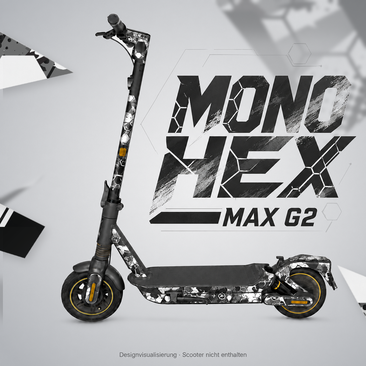 MONO HEX Skin für den Segway Ninebot MAX G2 in Schwarz, Weiß und Grau mit großem individuellem Schriftzug – digitale Designvisualisierung; Scooter und Trittmatte nicht enthalten