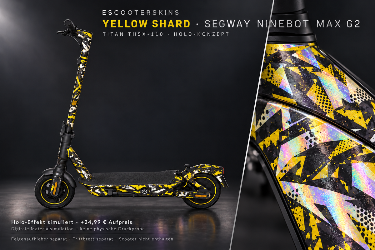 SEGWAY NINEBOT G2 MAX SKIN | YELLOW SHARD – Holo-Effekt simuliert; +24,99 EUR Aufpreis. Digitale Materialsimulation, keine physische Druckprobe. Nur Body-Skin; Trittbrett und Felgenaufkleber separat; Scooter nicht enthalten.
