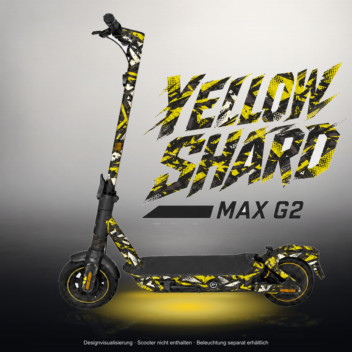 SEGWAY NINEBOT G2 MAX SKIN | YELLOW SHARD – Studiofoto mit Licht in der Skinfarbe; Scooter und Beleuchtung separat erhältlich