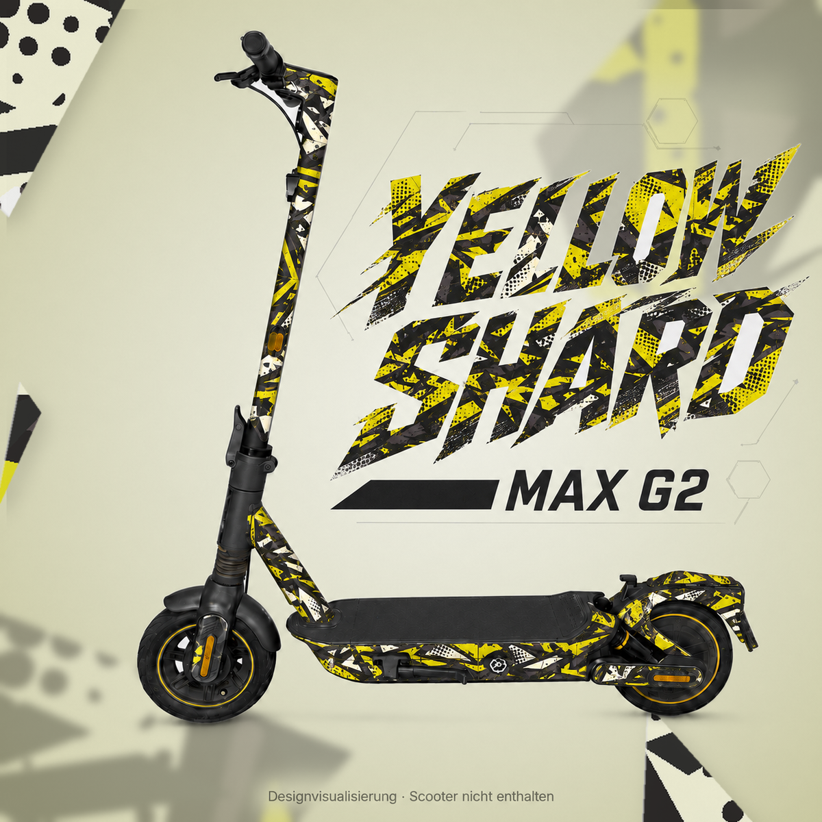 YELLOW SHARD Skin in Gelb, Graphit und Weiß für Segway Ninebot MAX G2 – digitale Designvisualisierung; Scooter und originale Trittmatte nicht enthalten