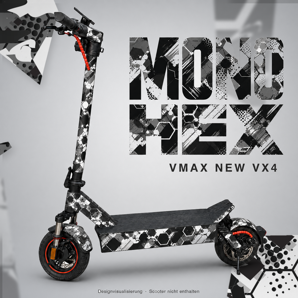 MONO HEX Skin in Schwarz, Weiß und Grau für VMAX NEW VX4 – digitale Designvisualisierung; Scooter und originale Trittmatte nicht enthalten