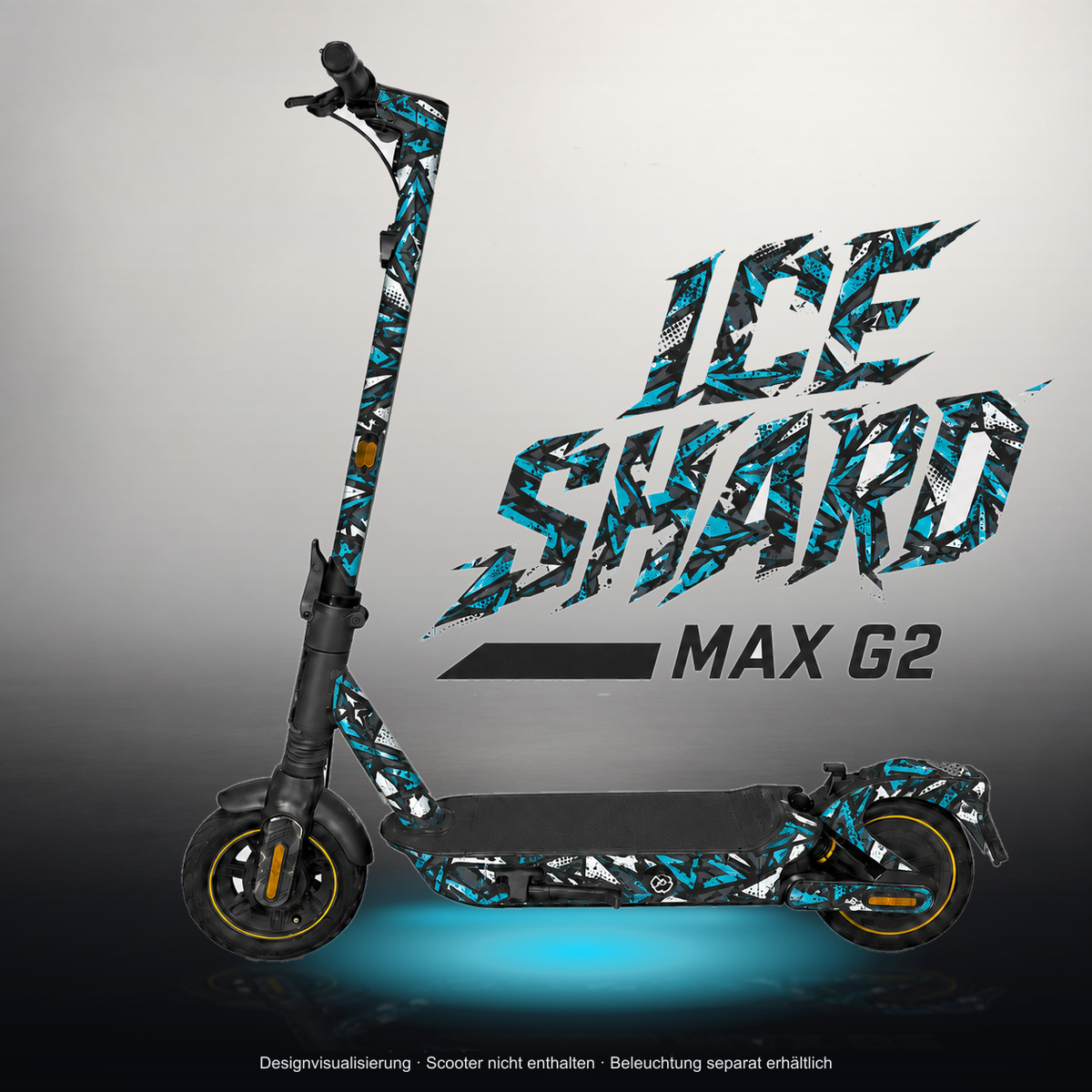 SEGWAY NINEBOT G2 MAX SKIN | ICE SHARD – Studiofoto mit Licht in der Skinfarbe; Scooter und Beleuchtung separat erhältlich