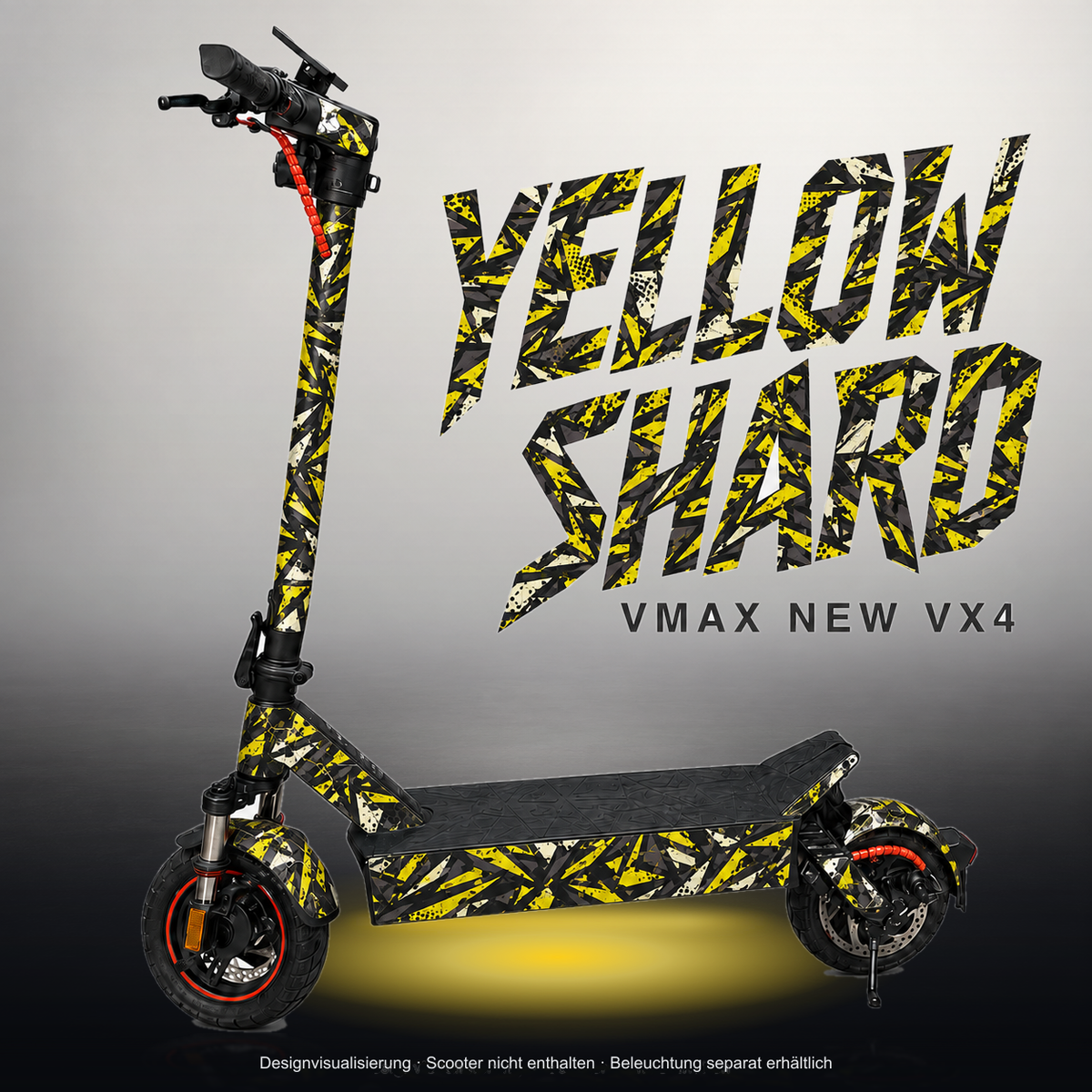 VMAX NEW VX4 SKIN | YELLOW SHARD – Studiofoto mit Licht in der Skinfarbe; Scooter und Beleuchtung separat erhältlich