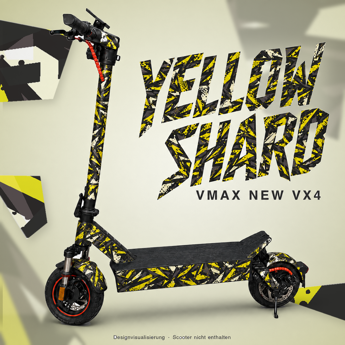 YELLOW SHARD Skin in Gelb, Graphit und Weiß für VMAX NEW VX4 – digitale Designvisualisierung; Scooter und originale Trittmatte nicht enthalten