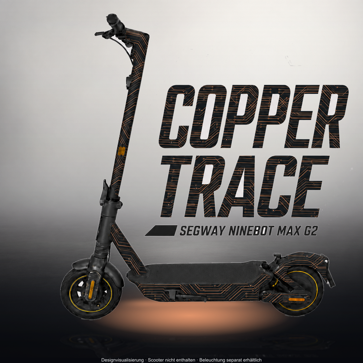 SEGWAY NINEBOT G2 MAX SKIN | COPPER TRACE – Designvisualisierung im Studio-Look mit Licht in der Skinfarbe; Scooter nicht enthalten, Beleuchtung separat erhältlich