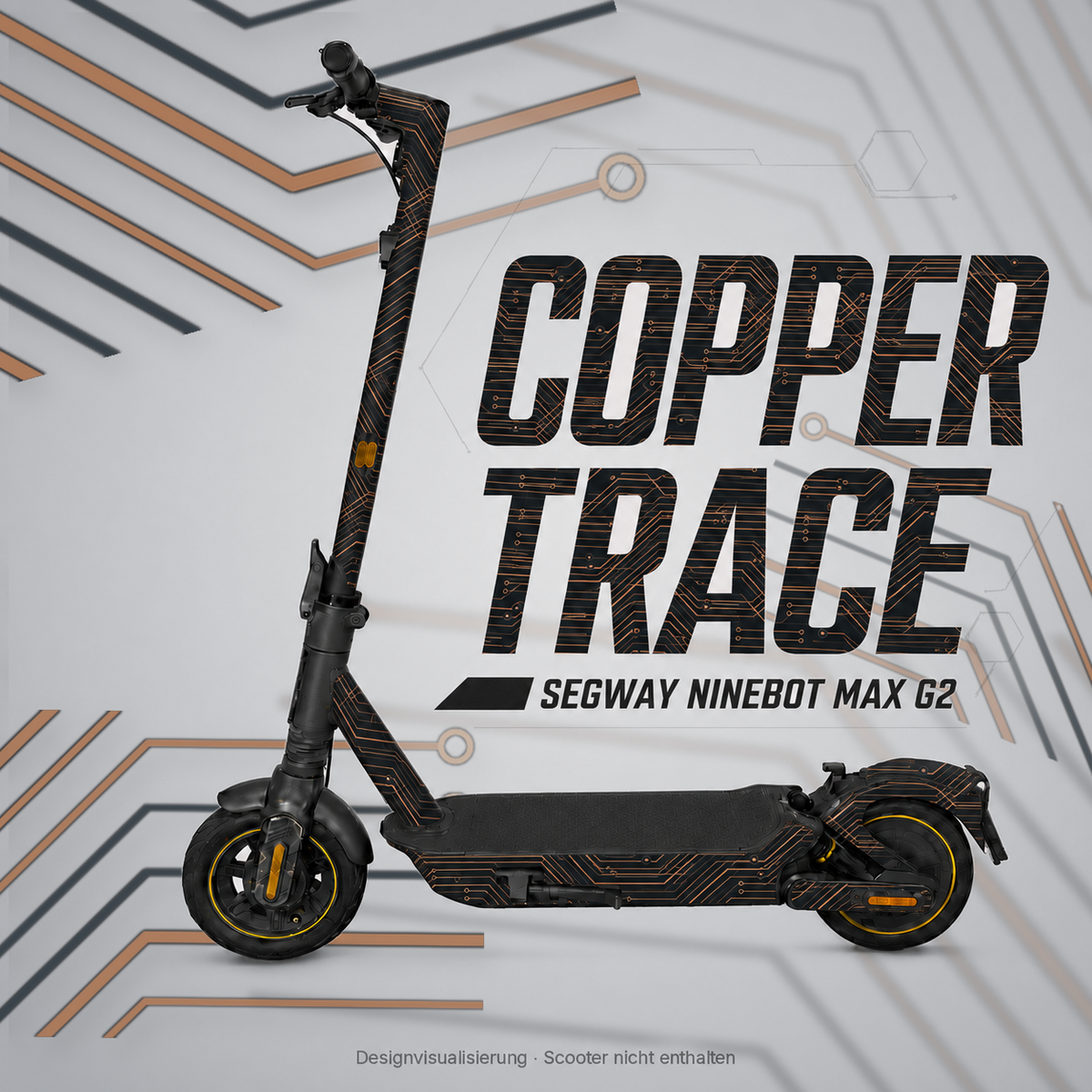 COPPER TRACE Skin in Anthrazit mit kupferfarbenen Leiterbahnen für Segway Ninebot MAX G2 – digitale Designvisualisierung; Scooter und Trittmatte nicht enthalten