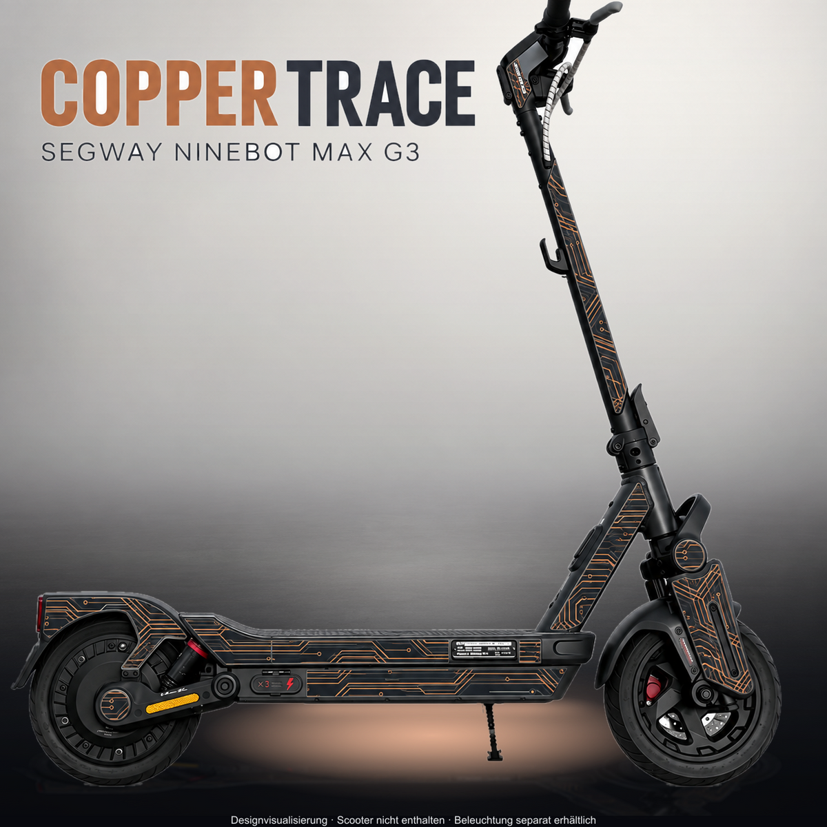 SEGWAY NINEBOT G3 / G3 D / G3 E SKIN | COPPER TRACE – Designvisualisierung im Studio-Look mit Licht in der Skinfarbe; Scooter nicht enthalten, Beleuchtung separat erhältlich