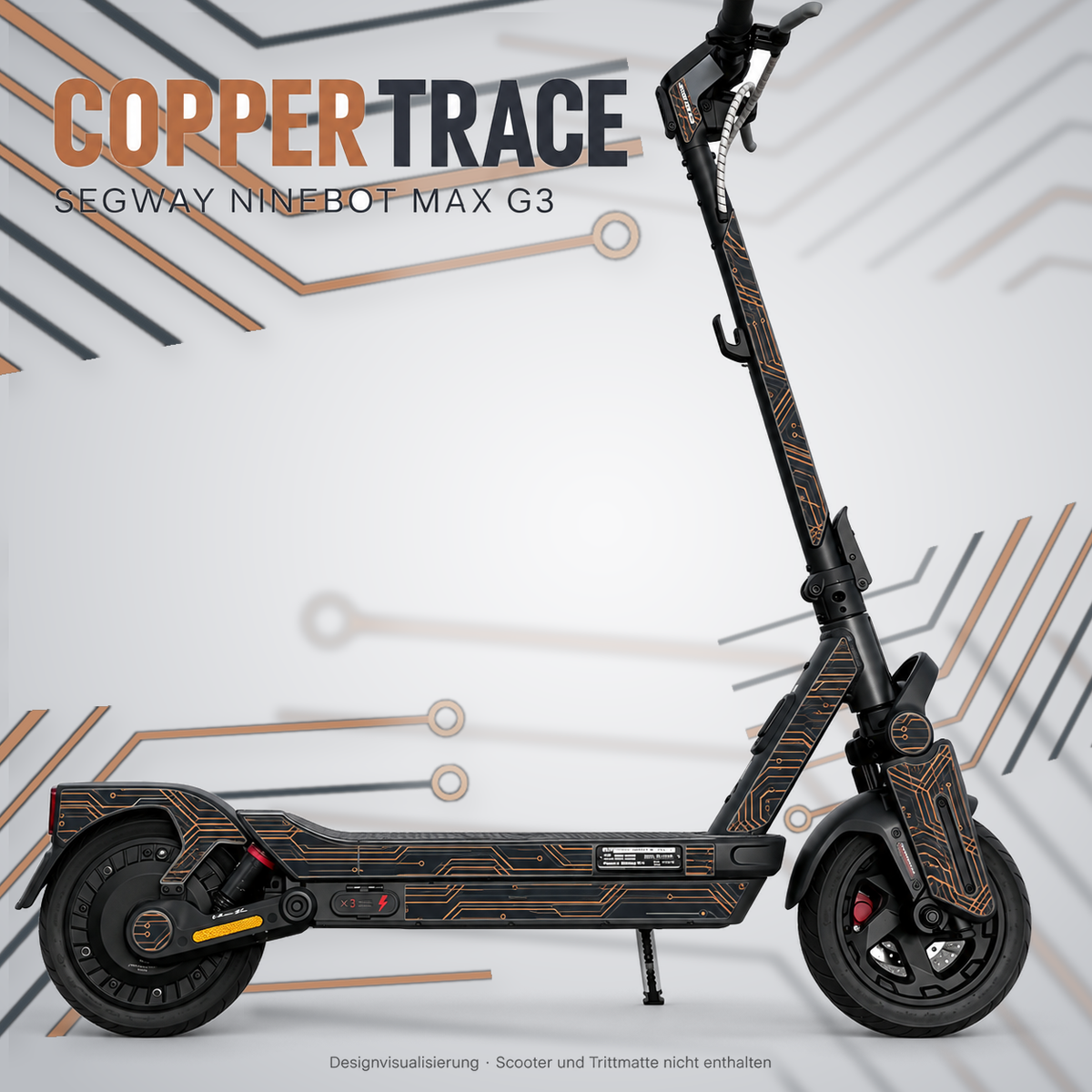 COPPER TRACE für Segway Ninebot MAX G3 – Designvisualisierung anhand echter Montagefotos mit getrennten Seitenstreifen und kupferfarbenem Leiterbahnmotiv auf den runden Abdeckungen.
