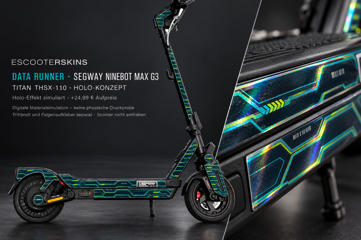 SEGWAY NINEBOT G3 / G3 D / G3 E SKIN | DATA RUNNER – Holo-Effekt simuliert; +24,99 EUR Aufpreis. Digitale Materialsimulation, keine physische Druckprobe. Nur Body-Skin; Trittbrett und Felgenaufkleber separat; Scooter nicht enthalten.