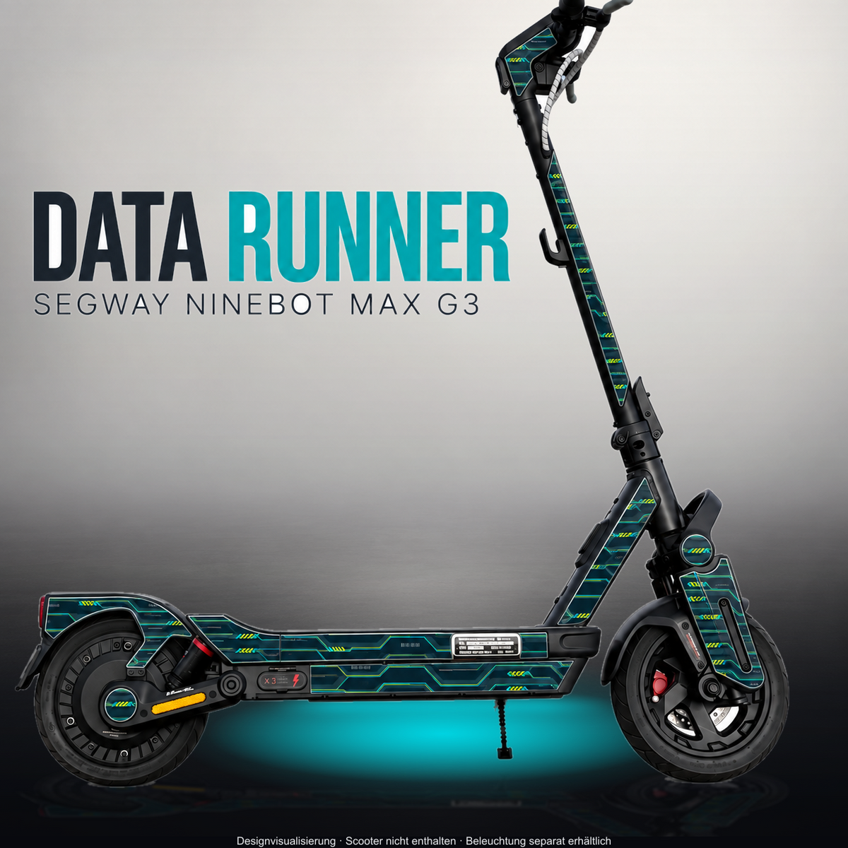 SEGWAY NINEBOT G3 / G3 D / G3 E SKIN | DATA RUNNER – Designvisualisierung im Studio-Look mit Licht in der Skinfarbe; Scooter nicht enthalten, Beleuchtung separat erhältlich