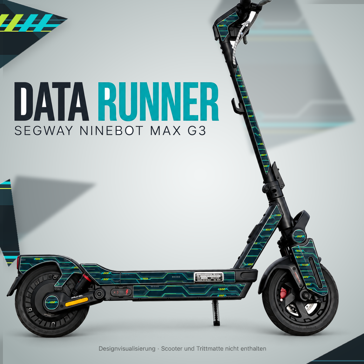 DATA RUNNER für Segway Ninebot MAX G3: zwei getrennte Seitenstreifen, schmale Folienflächen mit schwarzen Rändern, freie Aussparungen und runde Abdeckungen mit Türkis-Limette-Linien. Digitale Designvisualisierung; Scooter und Trittmatte nicht enthalten.