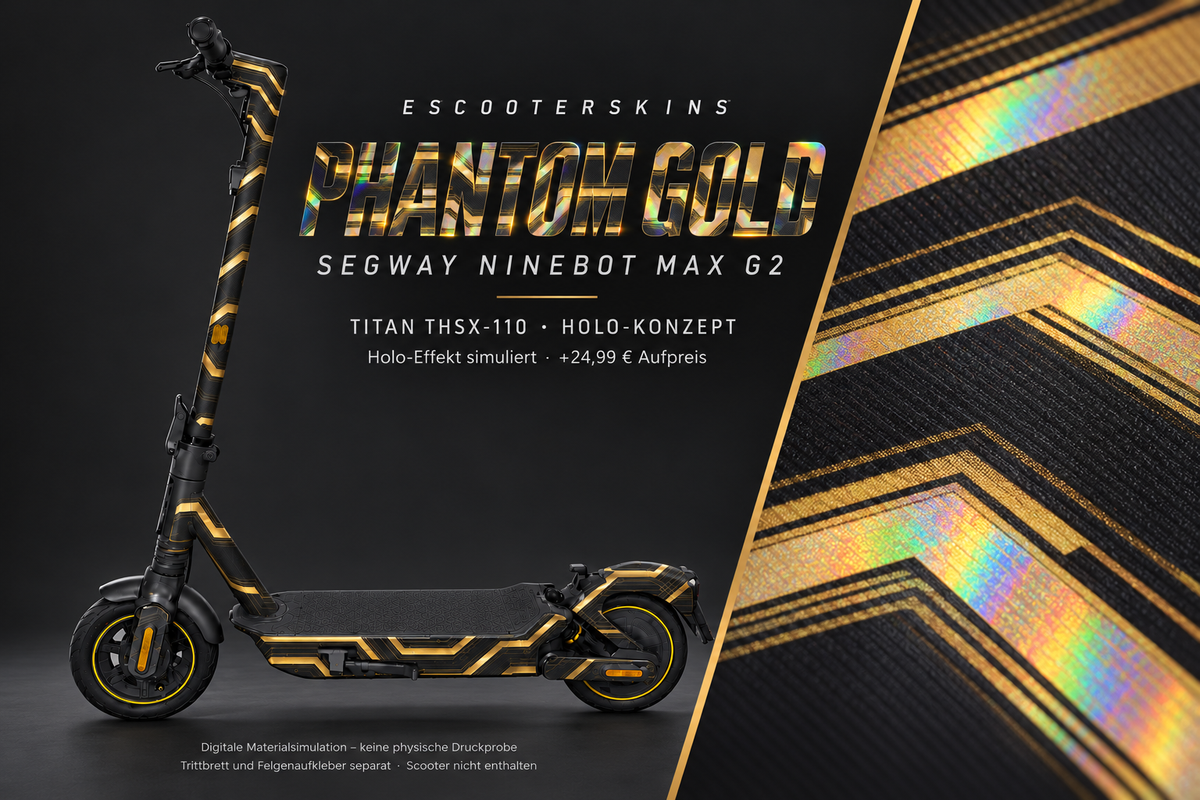 SEGWAY NINEBOT G2 MAX SKIN | PHANTOM GOLD – Holo-Effekt simuliert; +24,99 EUR Aufpreis. Digitale Materialsimulation, keine physische Druckprobe. Nur Body-Skin; Trittbrett und Felgenaufkleber separat; Scooter nicht enthalten.