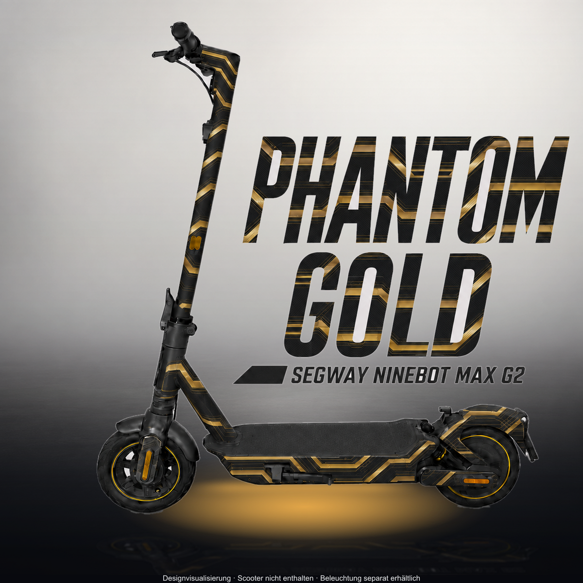 SEGWAY NINEBOT G2 MAX SKIN | PHANTOM GOLD – Designvisualisierung im Studio-Look mit Licht in der Skinfarbe; Scooter nicht enthalten, Beleuchtung separat erhältlich