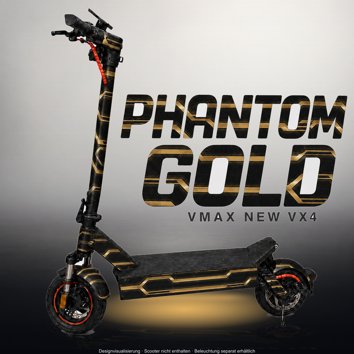 VMAX NEW VX4 SKIN | PHANTOM GOLD – Designvisualisierung im Studio-Look mit Licht in der Skinfarbe; Scooter nicht enthalten, Beleuchtung separat erhältlich