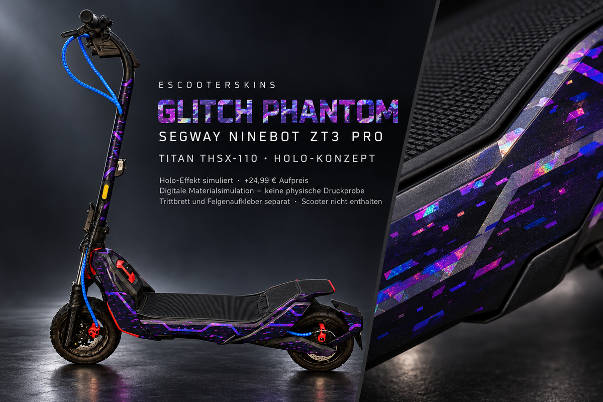 SEGWAY NINEBOT ZT3 PRO / ZT3 PRO D SKIN | GLITCH PHANTOM – Holo-Effekt simuliert; +24,99 EUR Aufpreis. Digitale Materialsimulation, keine physische Druckprobe. Nur Body-Skin; Trittbrett und Felgenaufkleber separat; Scooter nicht enthalten.