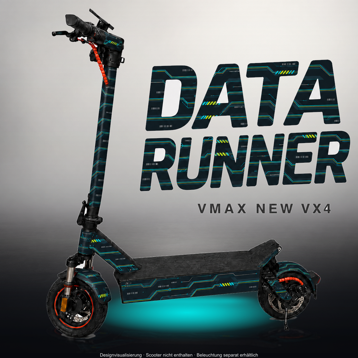 VMAX NEW VX4 SKIN | DATA RUNNER – Designvisualisierung im Studio-Look mit Licht in der Skinfarbe; Scooter nicht enthalten, Beleuchtung separat erhältlich