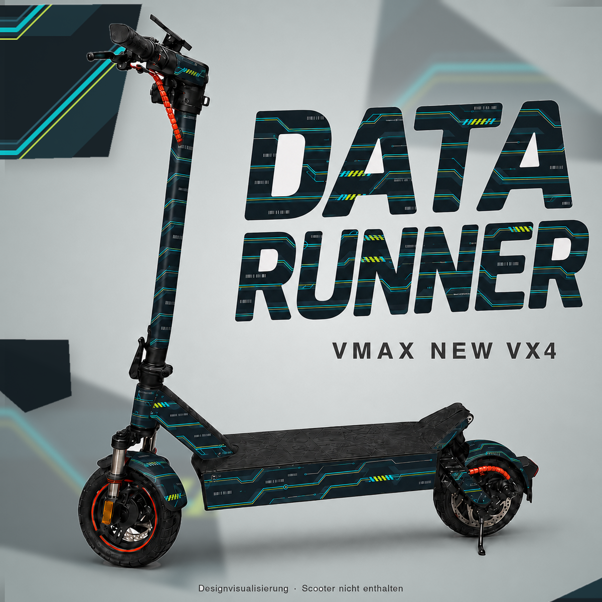 DATA RUNNER Skin in dunklem Petrol mit türkisen und limettengelben Circuit-Linien für VMAX NEW VX4 – digitale Designvisualisierung; Scooter, Kabelschutz und Trittmatte nicht enthalten