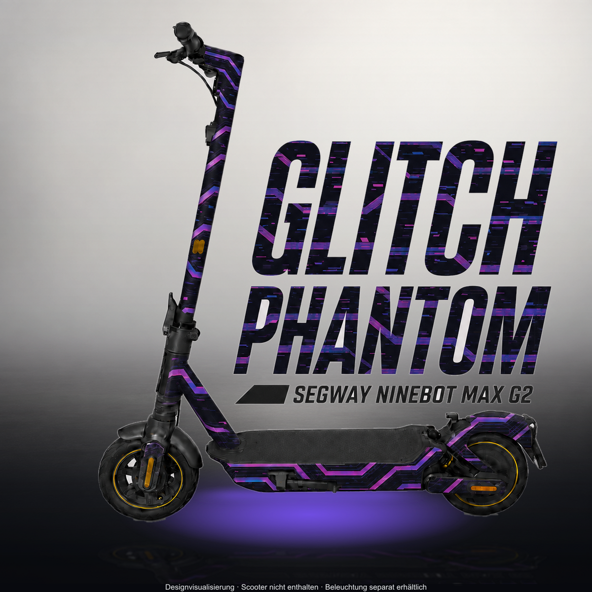 SEGWAY NINEBOT G2 MAX SKIN | GLITCH PHANTOM – Designvisualisierung im Studio-Look mit Licht in der Skinfarbe; Scooter nicht enthalten, Beleuchtung separat erhältlich